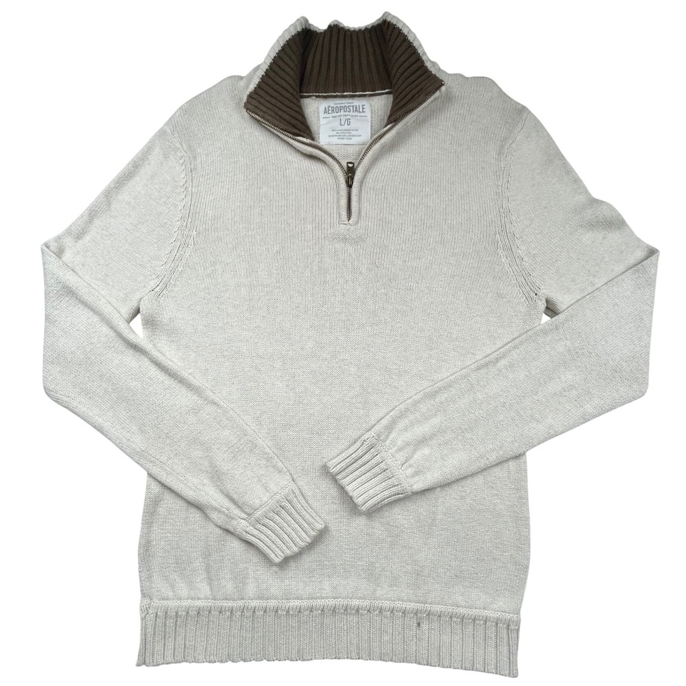 Aeropostale Mens Quarter Zip Sweater Large Cream Ribbed Knit Cotton Pullover‎